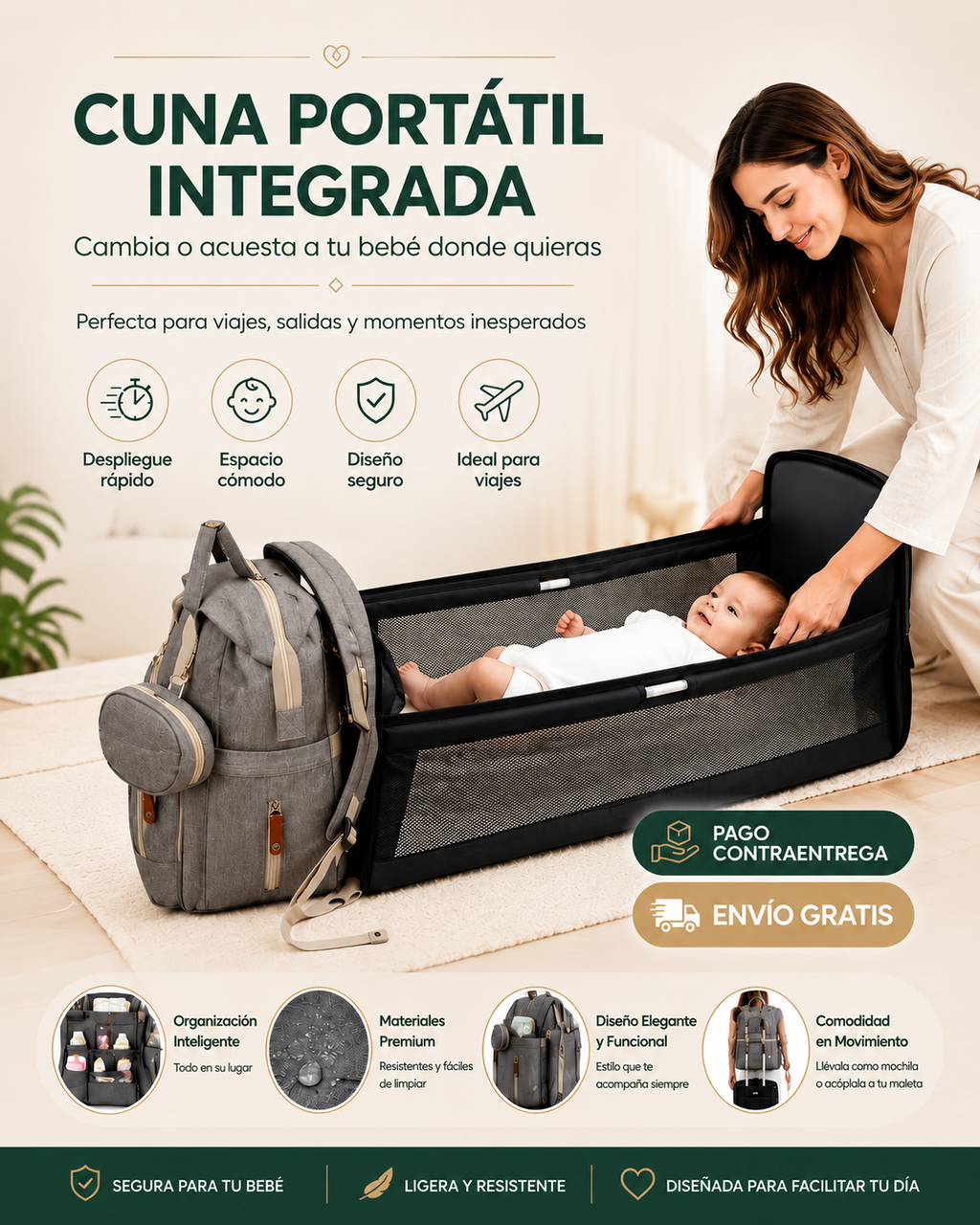 Bolso Pañalera Multiusos Con Cuna Portátil 💼👶