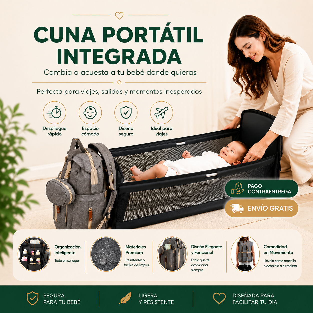 Bolso Pañalera Multiusos Con Cuna Portátil 💼👶